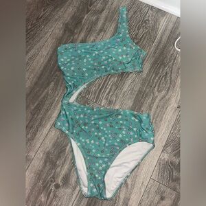 Floral Teal Cutout One-Shoulder Swimsuit